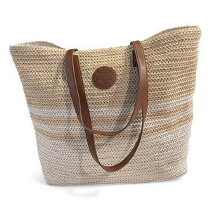 Banana Boat Woven Tote With Brown Straps & Logo Beach Travel Boho Cottage Core